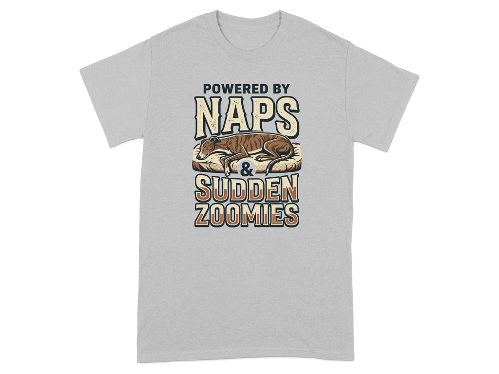 Grey t-shirt with "Powered by Naps & Sudden Zoomies" text and illustration.