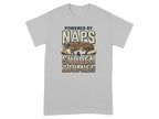 Grey t-shirt with "Powered by Naps & Sudden Zoomies" text and illustration.