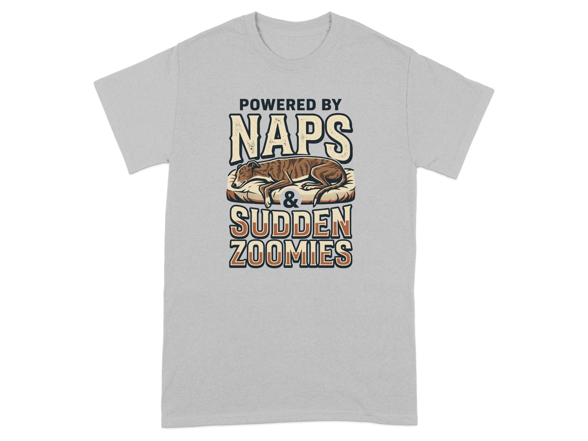 Grey t-shirt with "Powered by Naps & Sudden Zoomies" text and illustration.