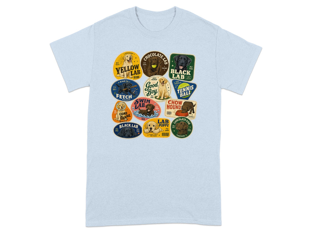 Collection of vintage-style dog breed labels featuring chocolate and black labs.