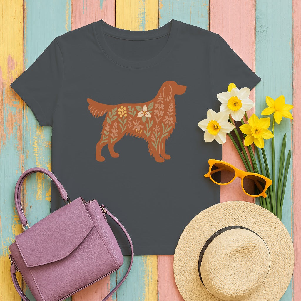Floral Irish Setter Dog Silhouette Art Illustration T-Shirt in Charcoal