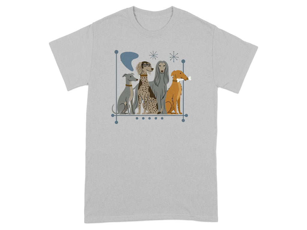 T-shirt graphic of five stylized dogs sitting in a row.