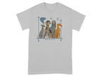 T-shirt graphic of five stylized dogs sitting in a row.