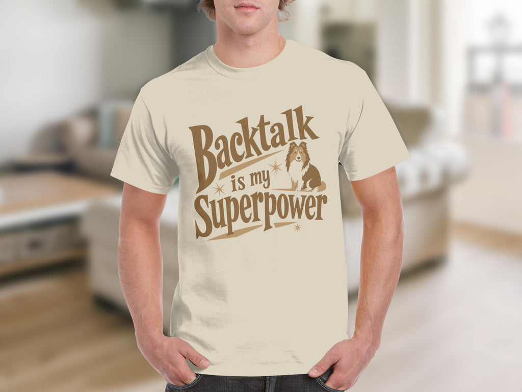 Cream t-shirt with "Backtalk is my Superpower" and a dog illustration.
