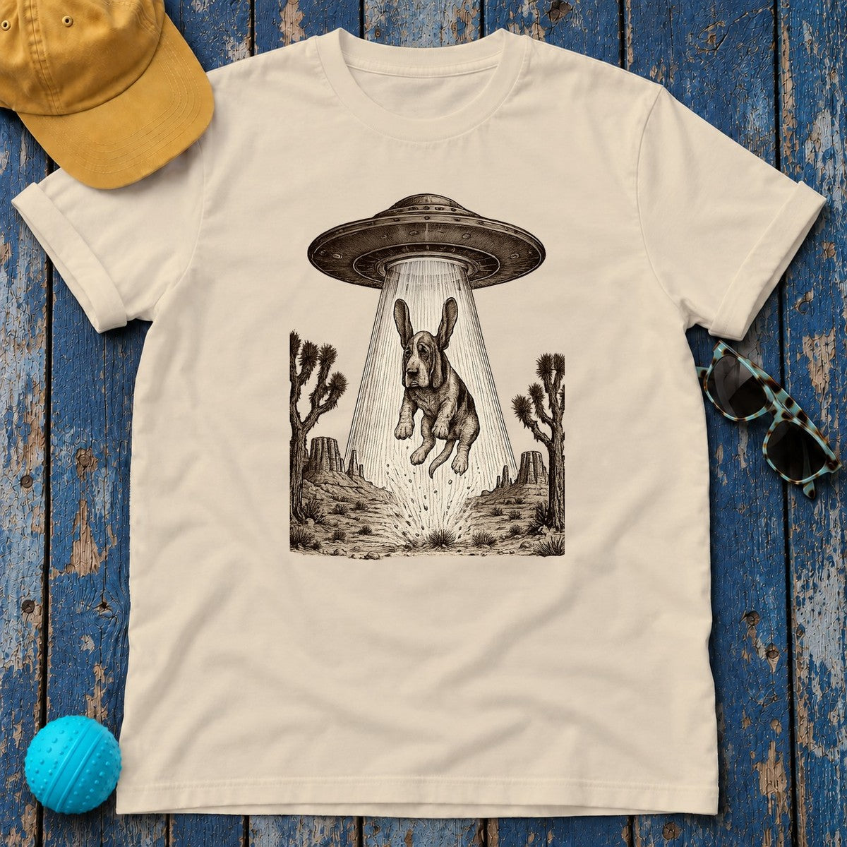 Chill Basset Hound Woodcut Art T-Shirt in Sand