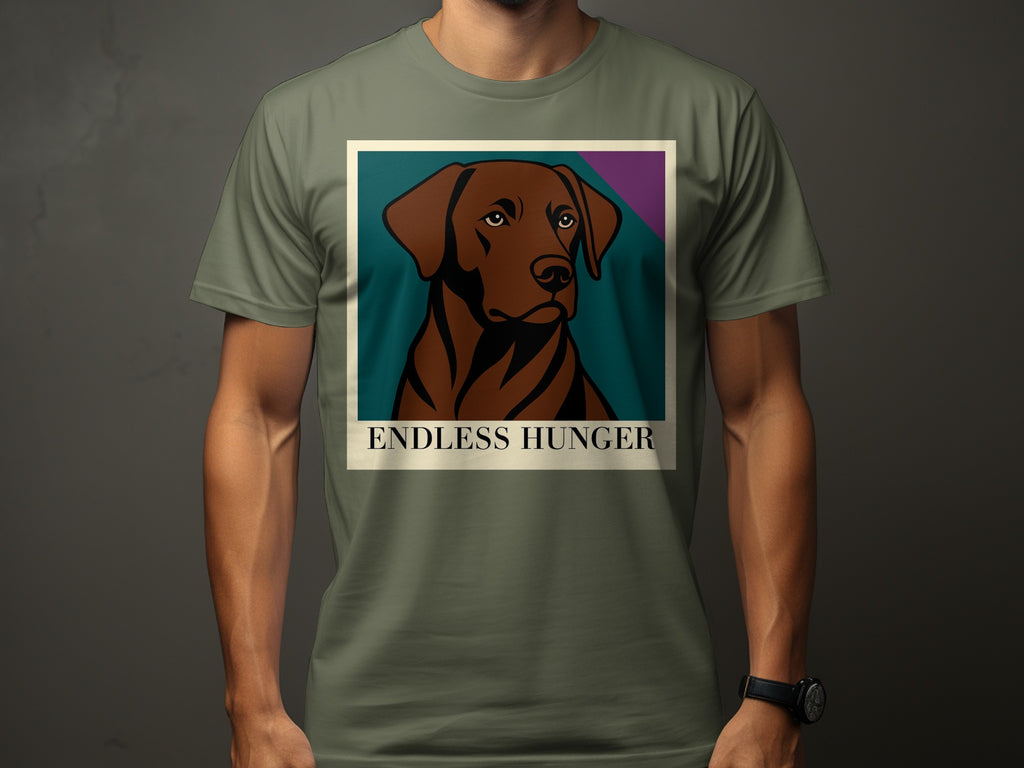 Brown dog portrait with "ENDLESS HUNGER" text on a green t-shirt.