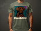 Brown dog portrait with "ENDLESS HUNGER" text on a green t-shirt.