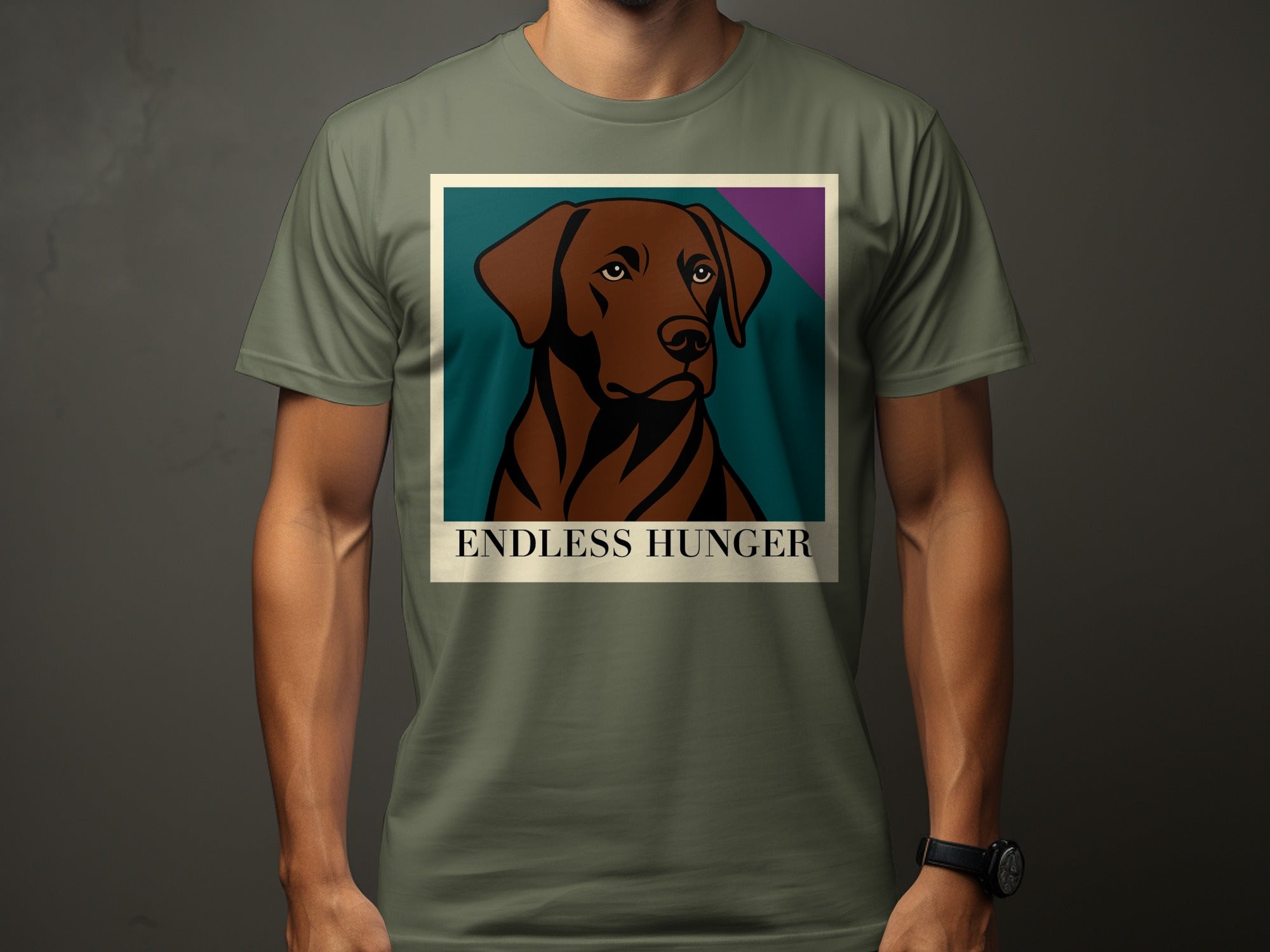 Brown dog portrait with "ENDLESS HUNGER" text on a green t-shirt.