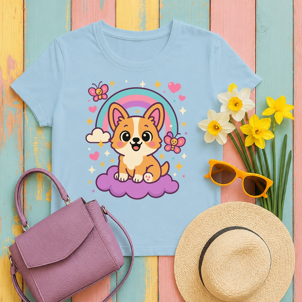 Corgi Dog on Cloud T-Shirt in Light Blue