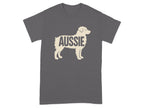Gray t-shirt with a silhouette of a dog containing the word "Aussie".