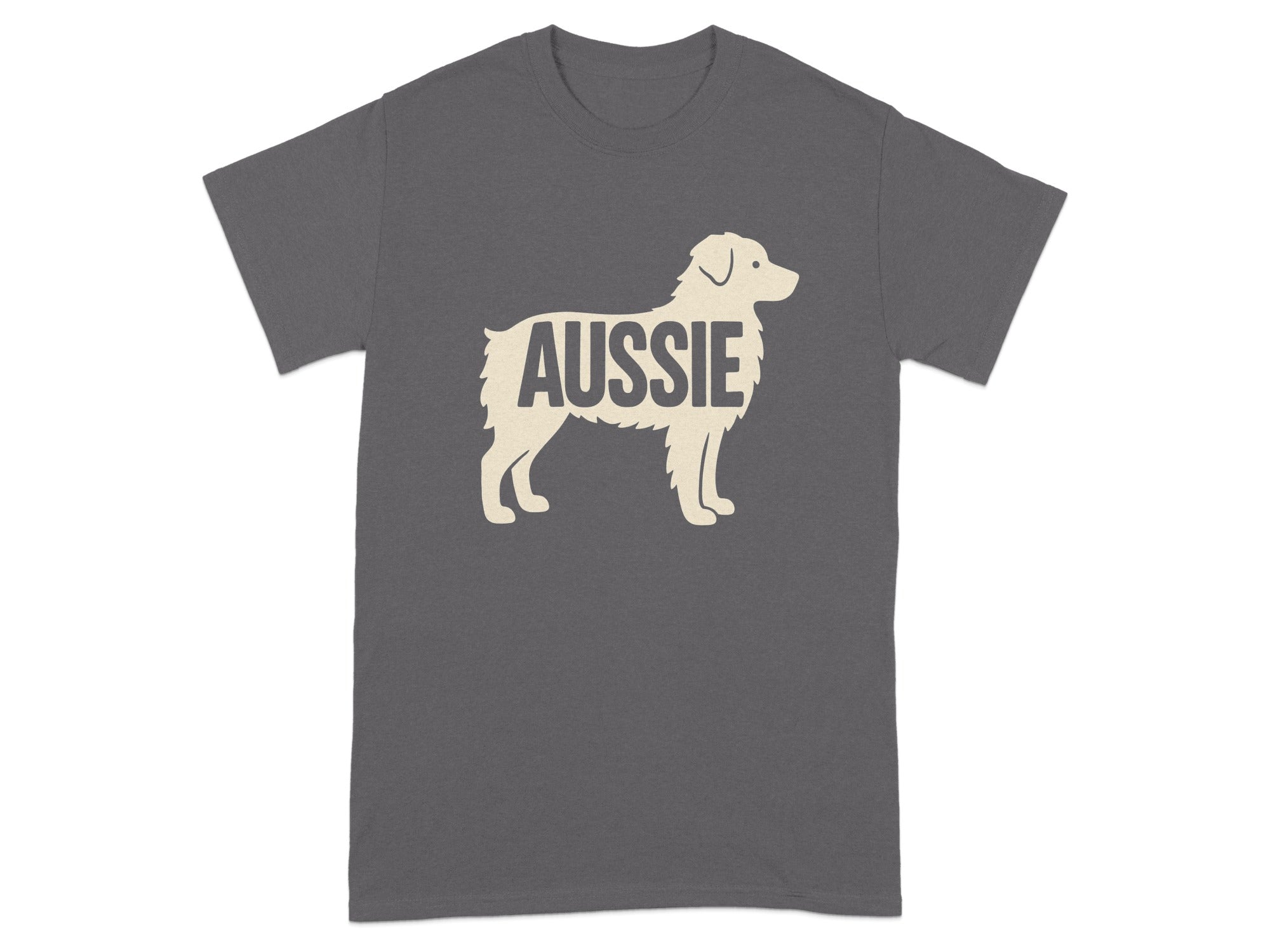 Gray t-shirt with a silhouette of a dog containing the word "Aussie".