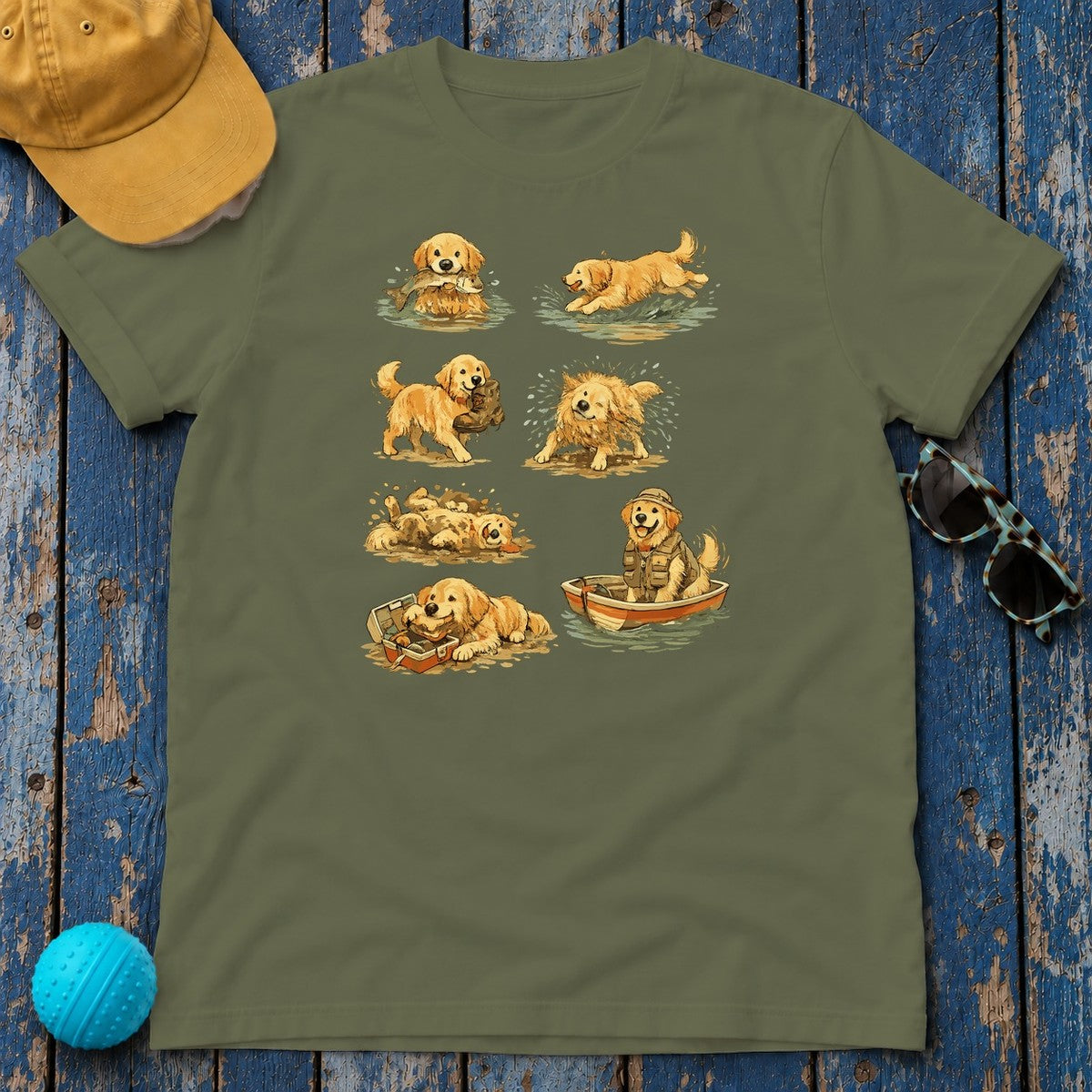 Golden Retriever Adventures T-Shirt in Military Green
