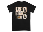 Black t-shirt with framed illustrations of black lab puppies and dog-related items.