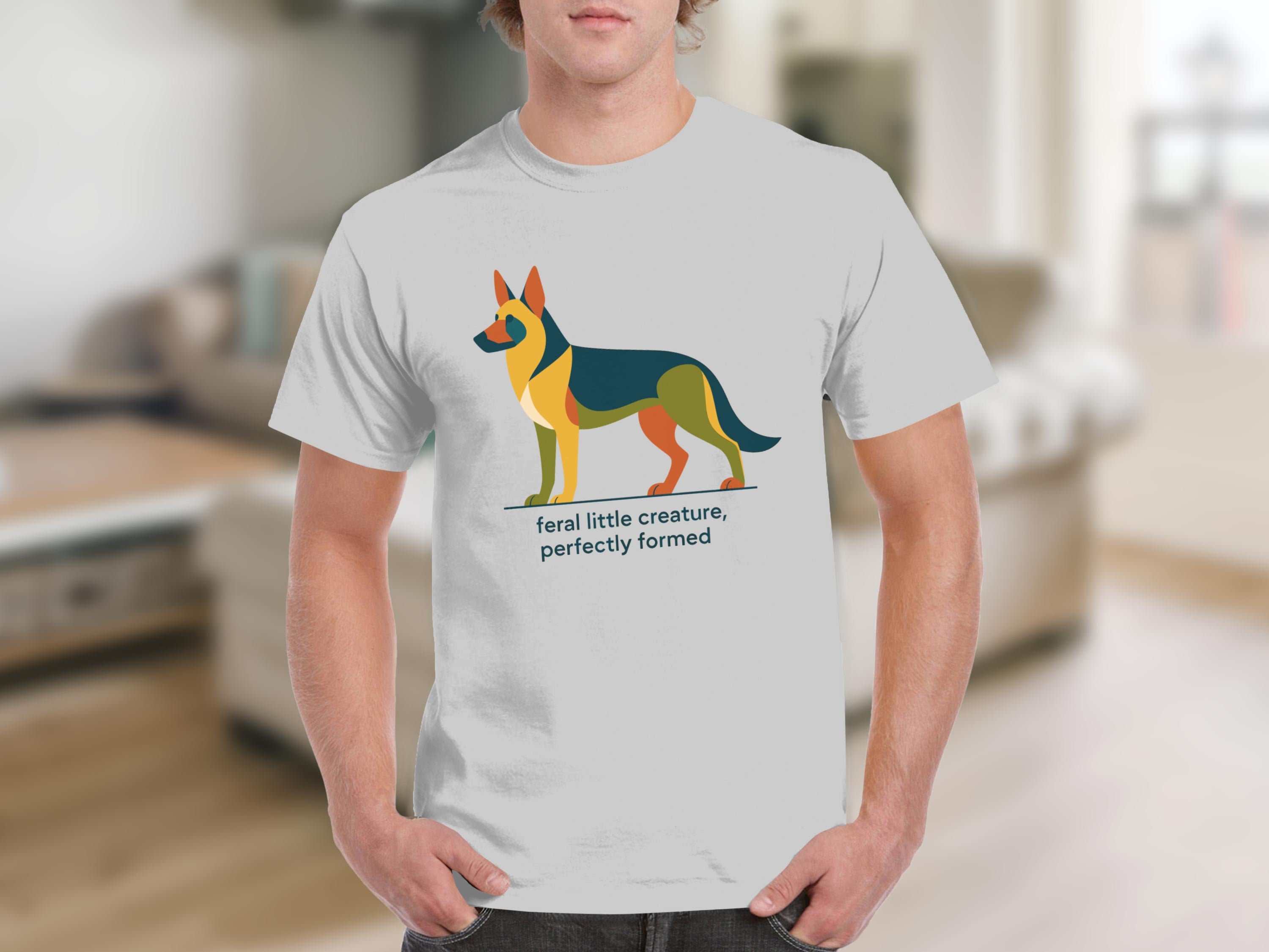 White t-shirt with colorful abstract German Shepherd graphic and text.