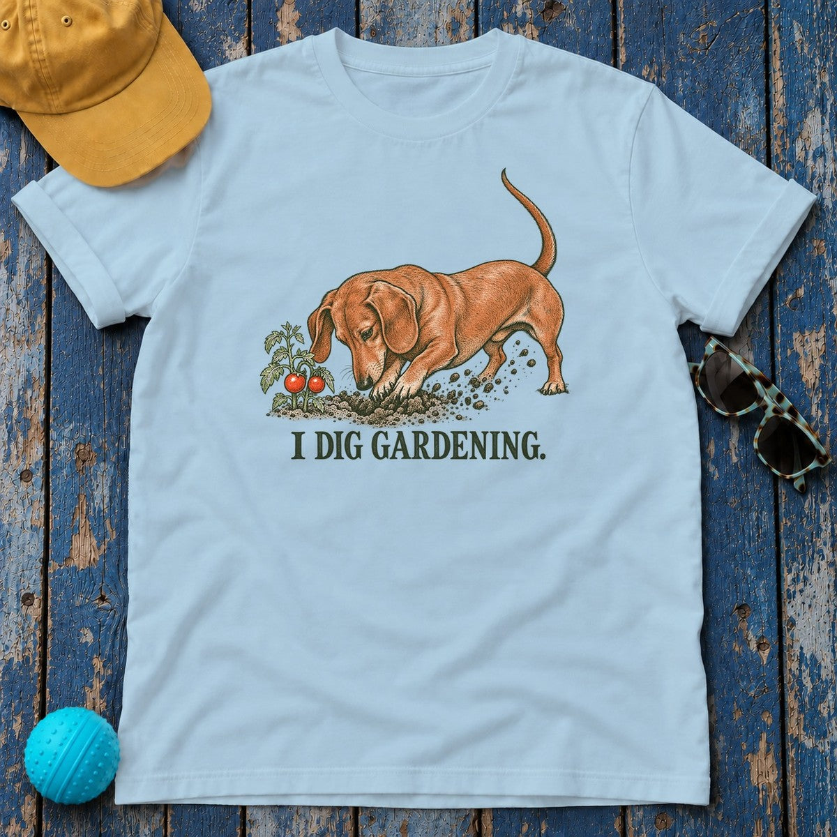 I Dig Gardening Dachshund T-Shirt in Light Blue - flat lay