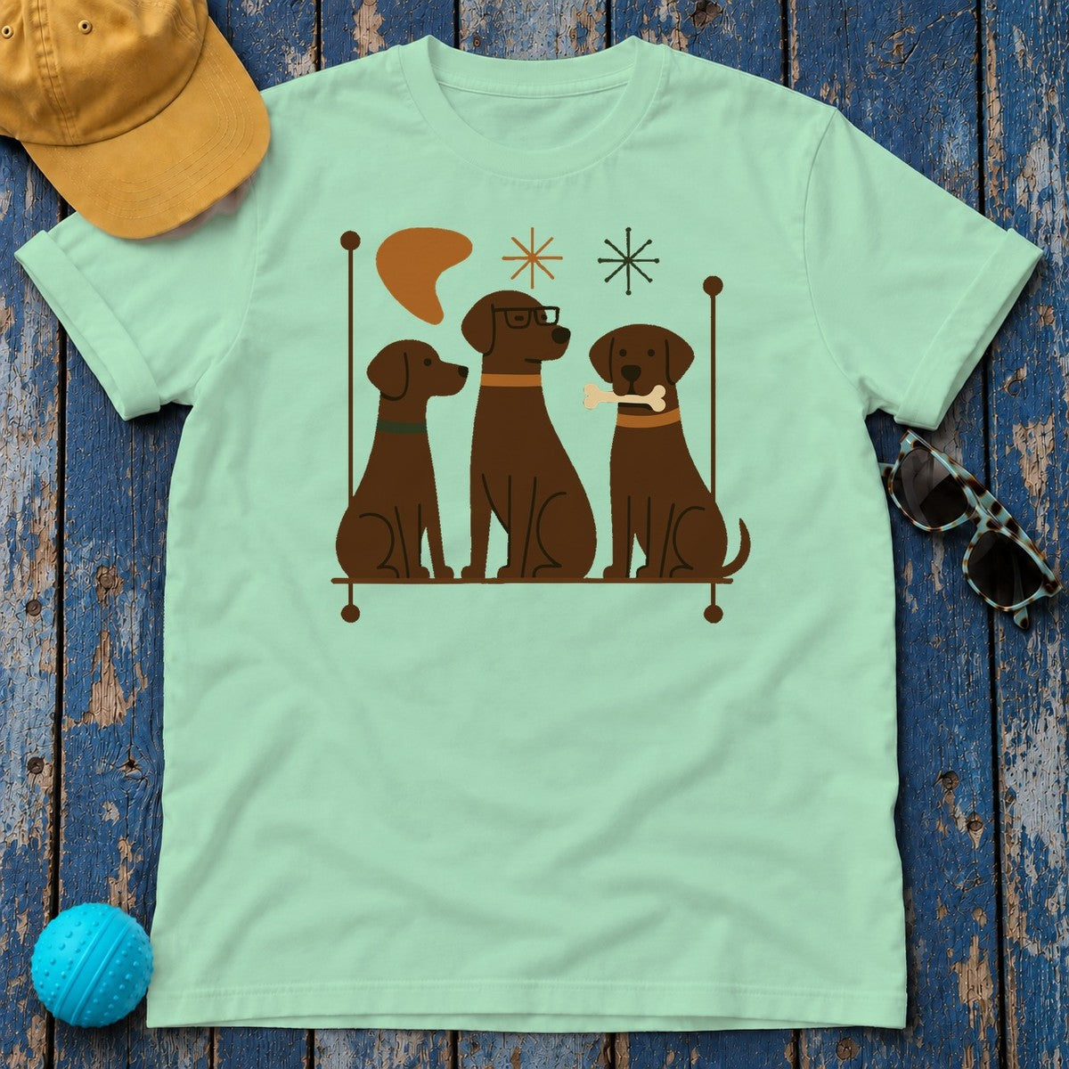 Mid-Century Chocolate Labs T-Shirt in Mint Green