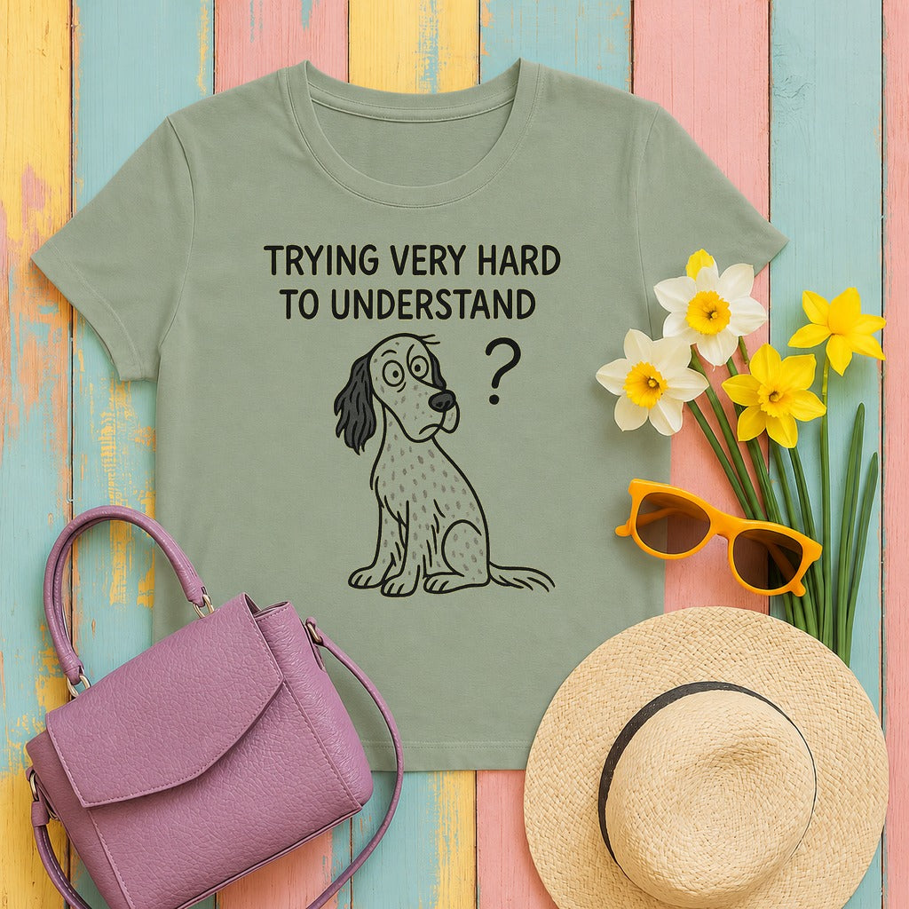 English Setter Trying Very Hard to Understand Tee in Sage