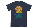 Navy t-shirt with a Golden Retriever illustration and text "GENTLE. GENIAL. GOLDEN."