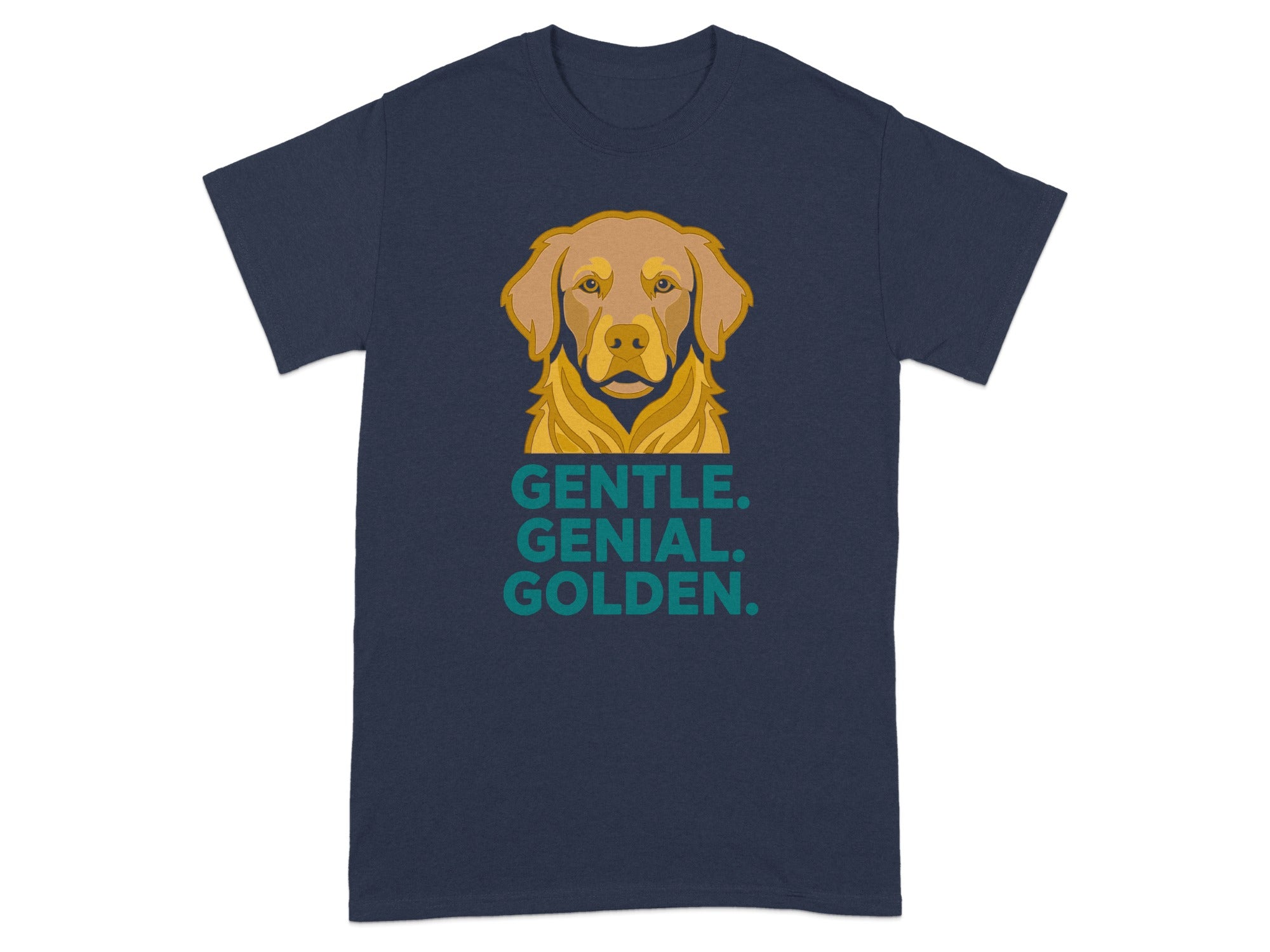 Navy t-shirt with a Golden Retriever illustration and text "GENTLE. GENIAL. GOLDEN."