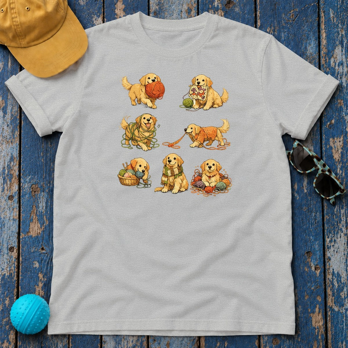 Playful Yarn Golden Retriever Puppies T-Shirt in Sport Grey
