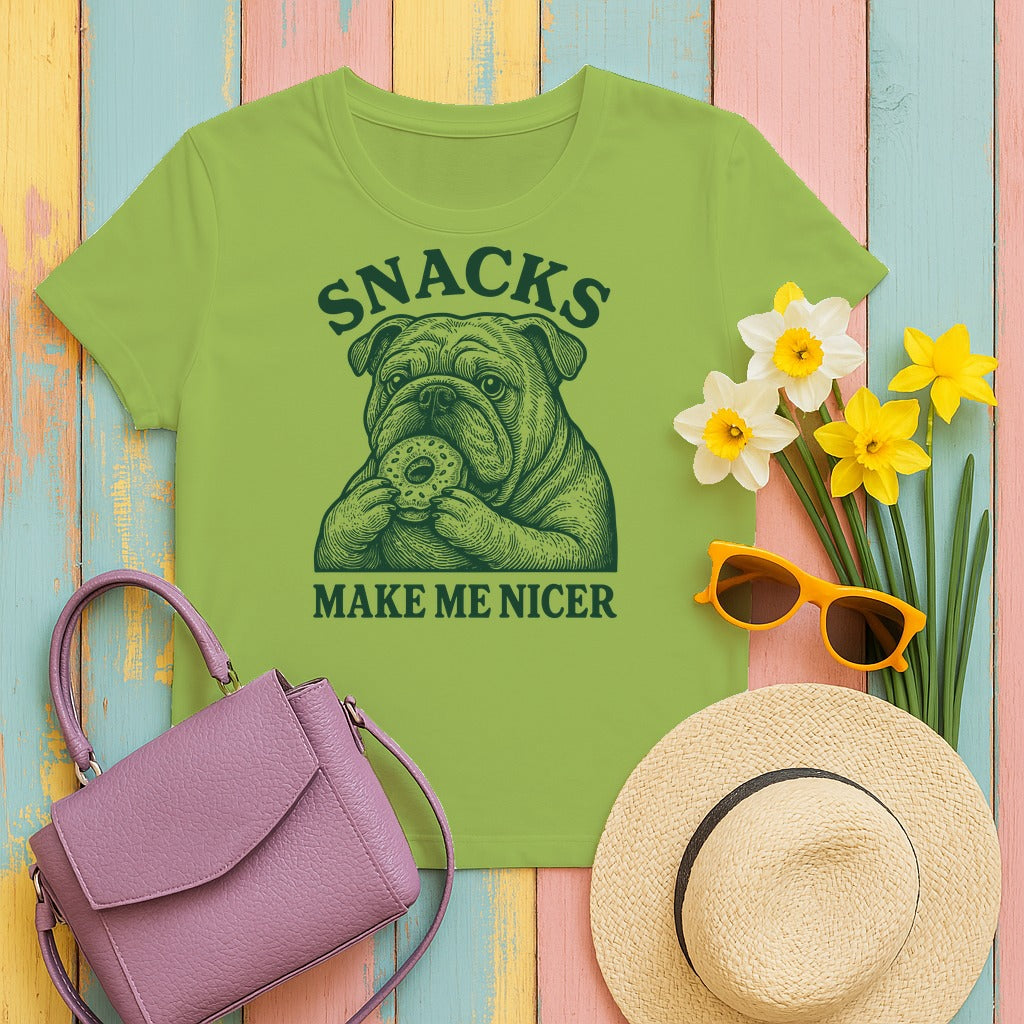 Snacks Make Me Nicer Bulldog with Doughnut Funny T-Shirt in Kiwi