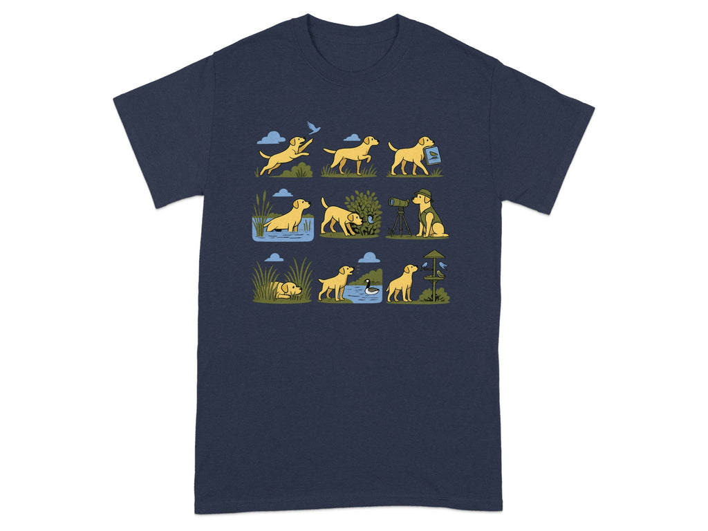 Illustration of a yellow Labrador dog in nine panels showing different activities and environments.