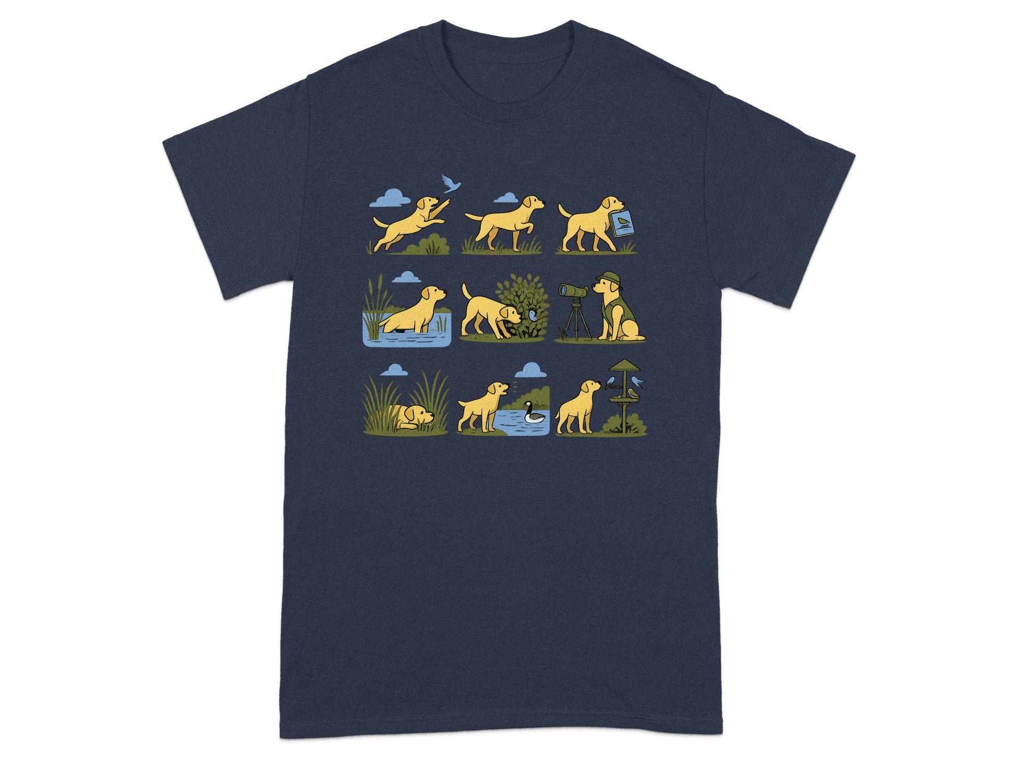 Illustration of a yellow Labrador dog in nine panels showing different activities and environments.