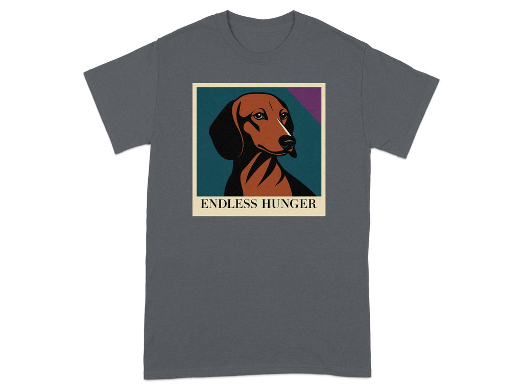Dachshund portrait with text "ENDLESS HUNGER" on a dark gray t-shirt.