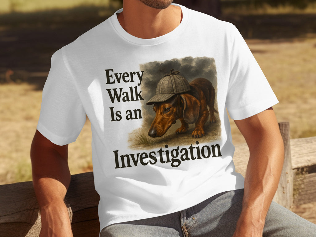White t-shirt with a dachshund wearing a hat and text "Every Walk Is an Investigation".