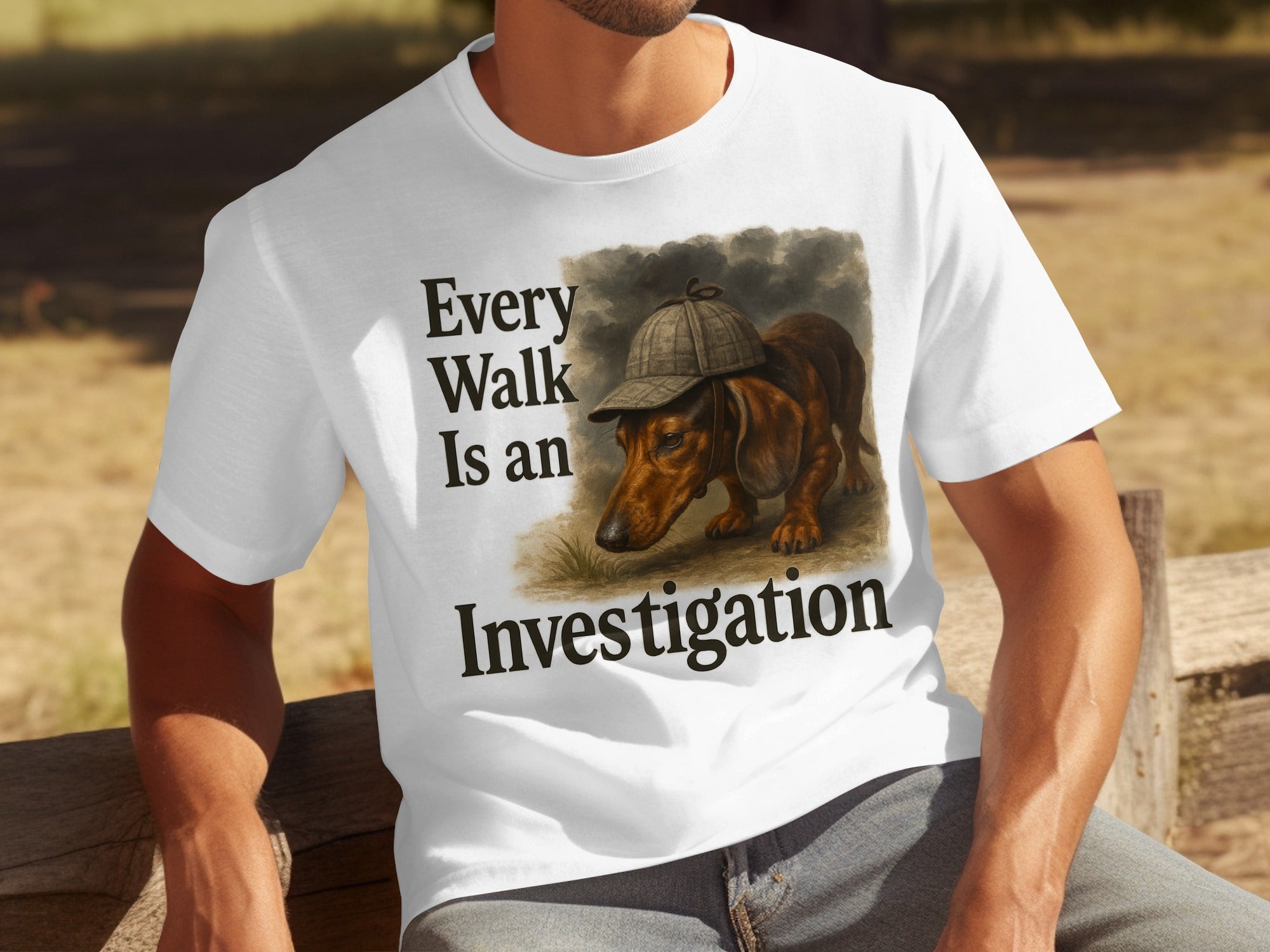 White t-shirt with a dachshund wearing a hat and text "Every Walk Is an Investigation".