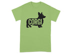 Green t-shirt with black corgi silhouette and text.