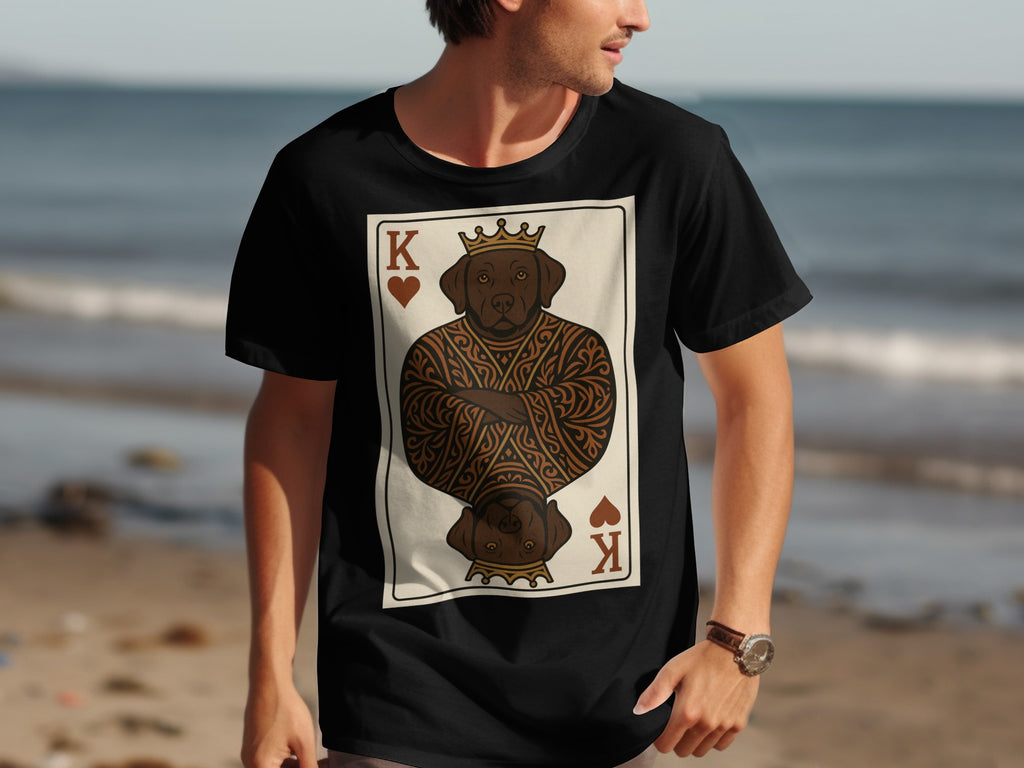 Black t-shirt with King of Hearts playing card graphic featuring a crowned dog.
