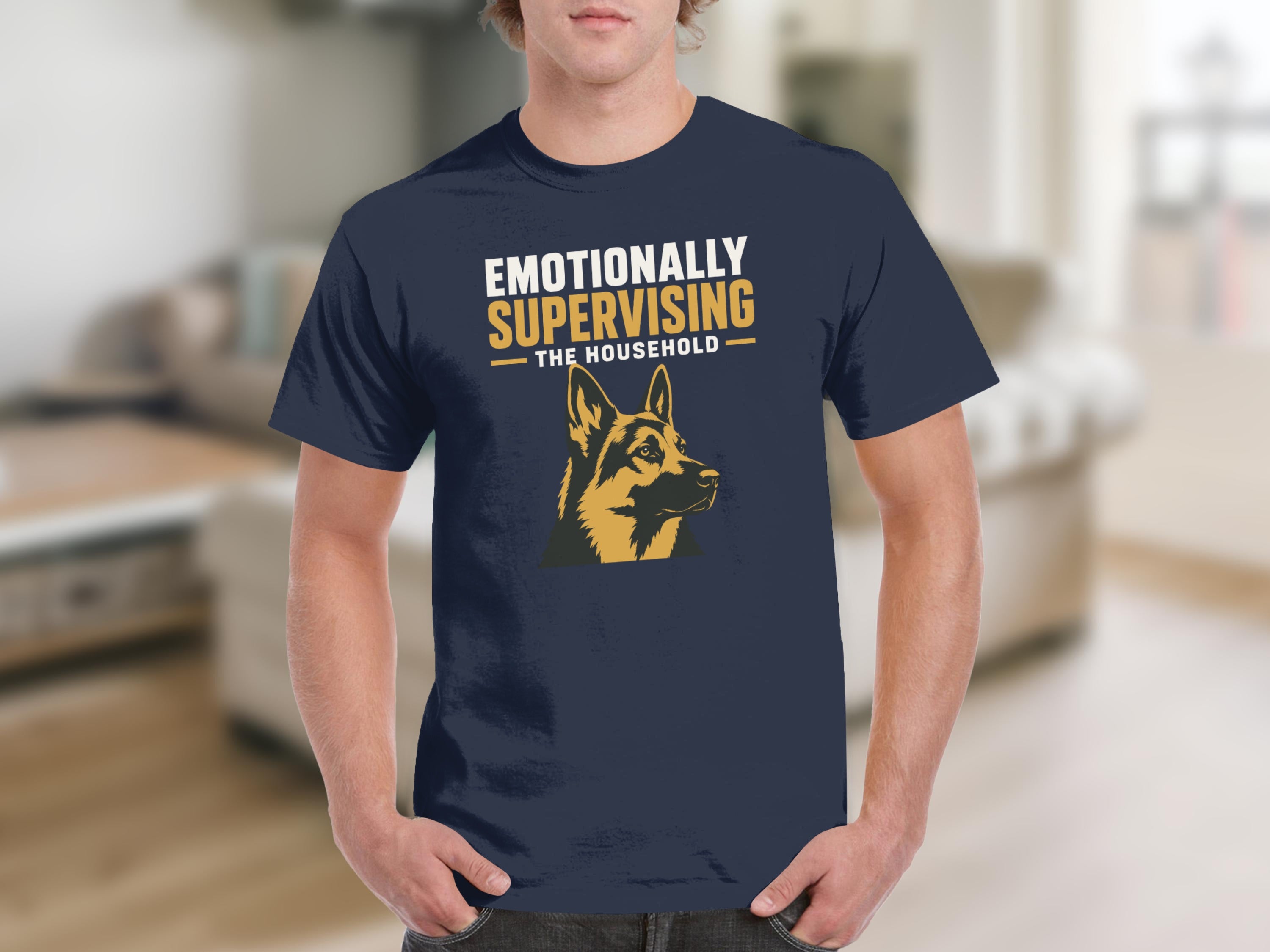 Navy t-shirt with German Shepherd and text: Emotionally Supervising the Household.