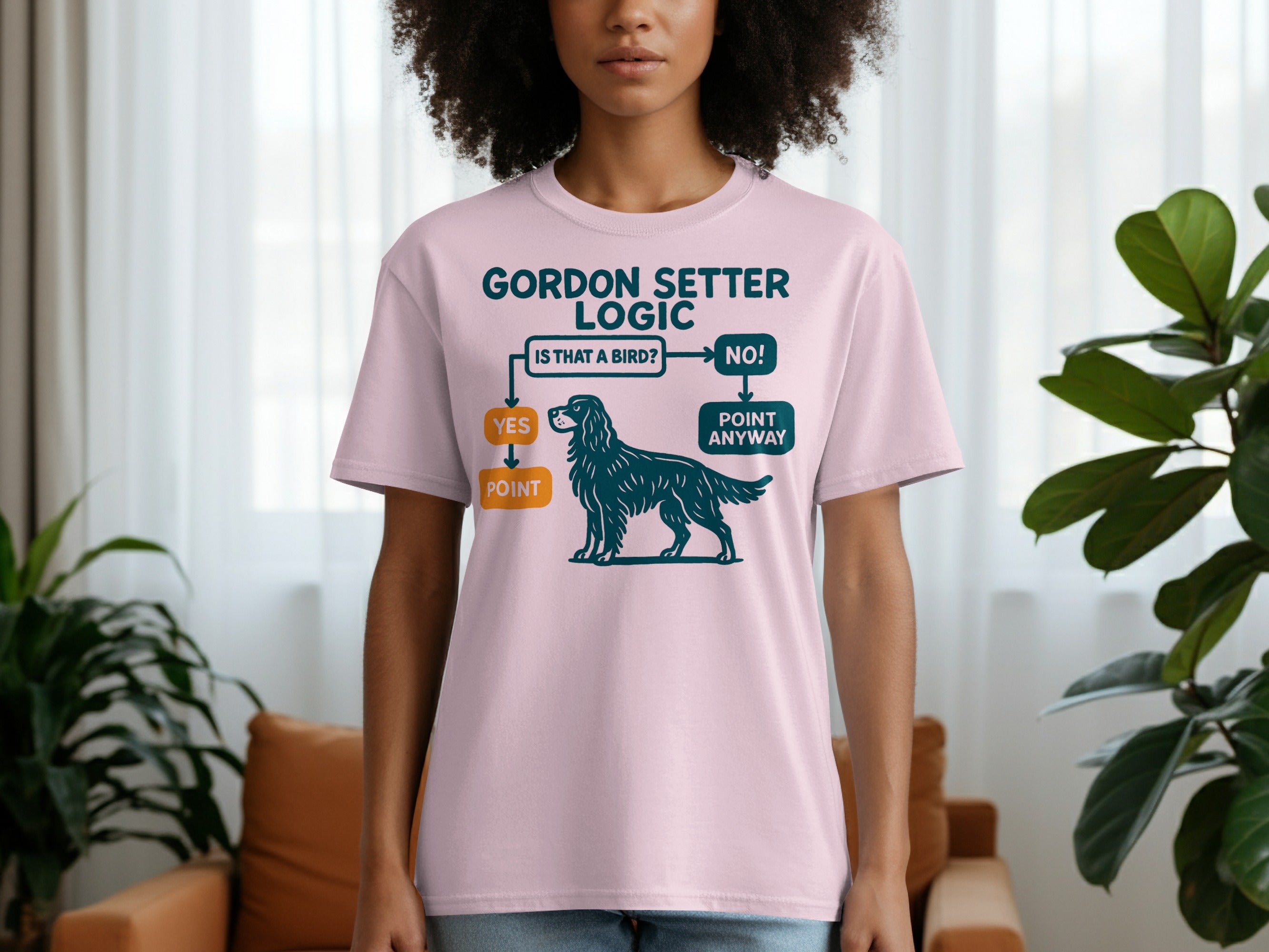 Pink t-shirt with a Gordon Setter Logic flowchart and a teal dog illustration.