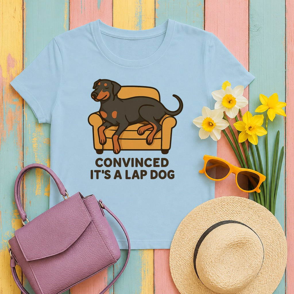 Doberman Convinced It's a Lap Dog Tee in Light Blue