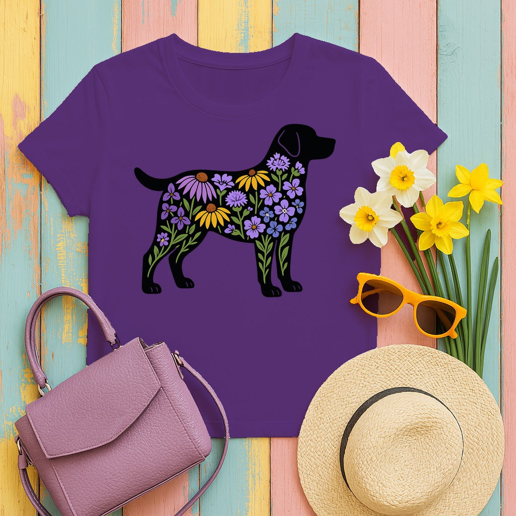 Labrador Silhouette Filled With Floral Patterns Trendy T-Shirt in Purple