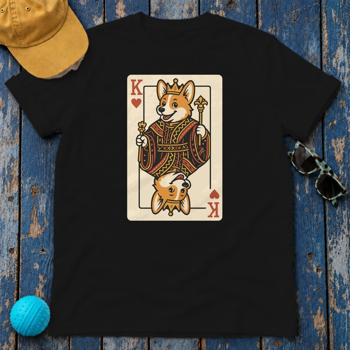 Corgi King Playing Card T-Shirt in Black