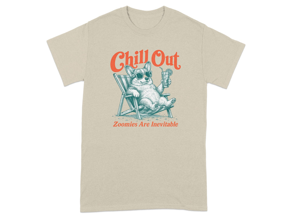 Cream t-shirt with a corgi relaxing in a chair, drinking a beverage.