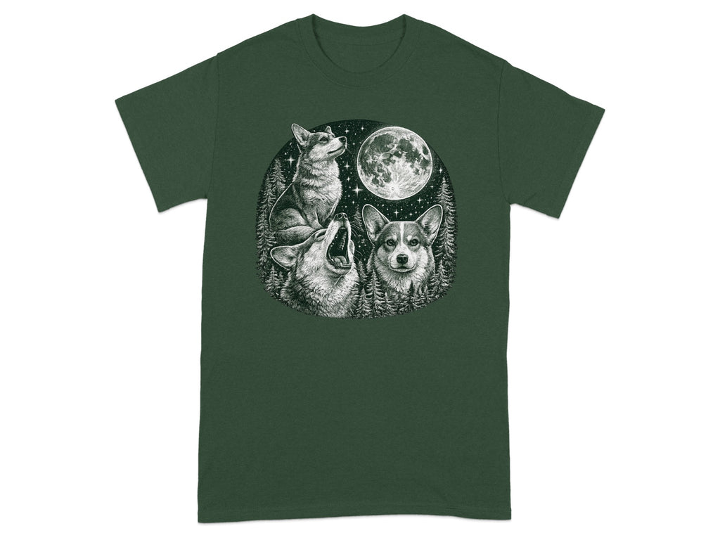 Three corgi dogs and a full moon illustration within a forest scene.