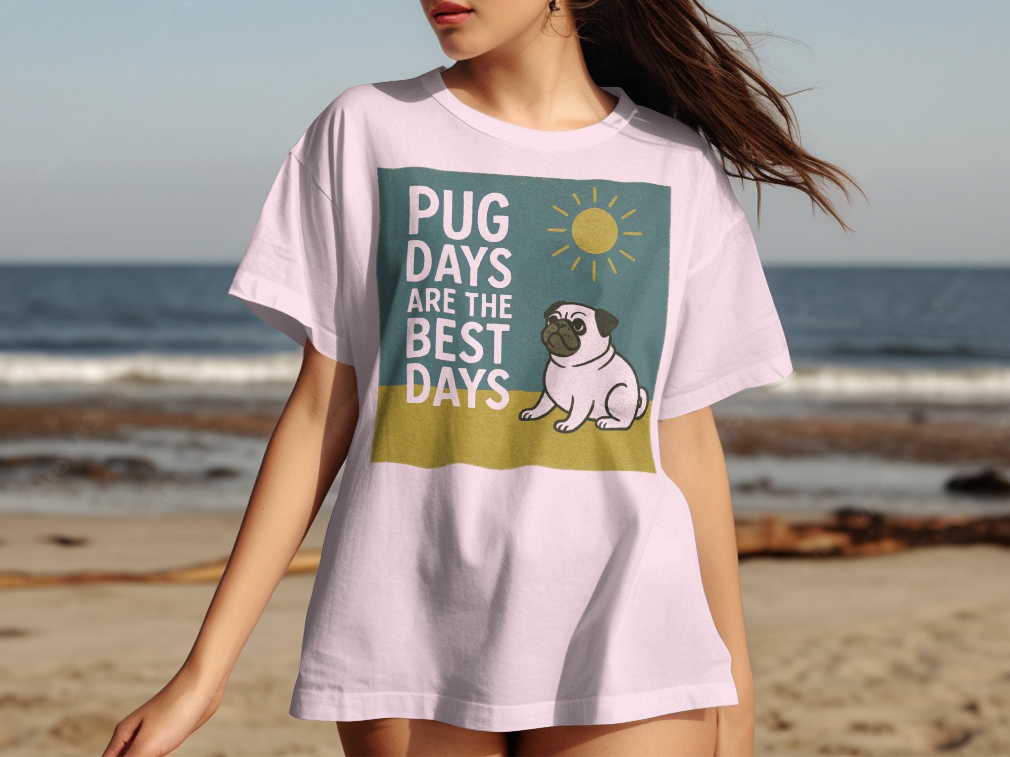 White t-shirt with a pug and sun graphic that reads "Pug Days Are The Best Days."