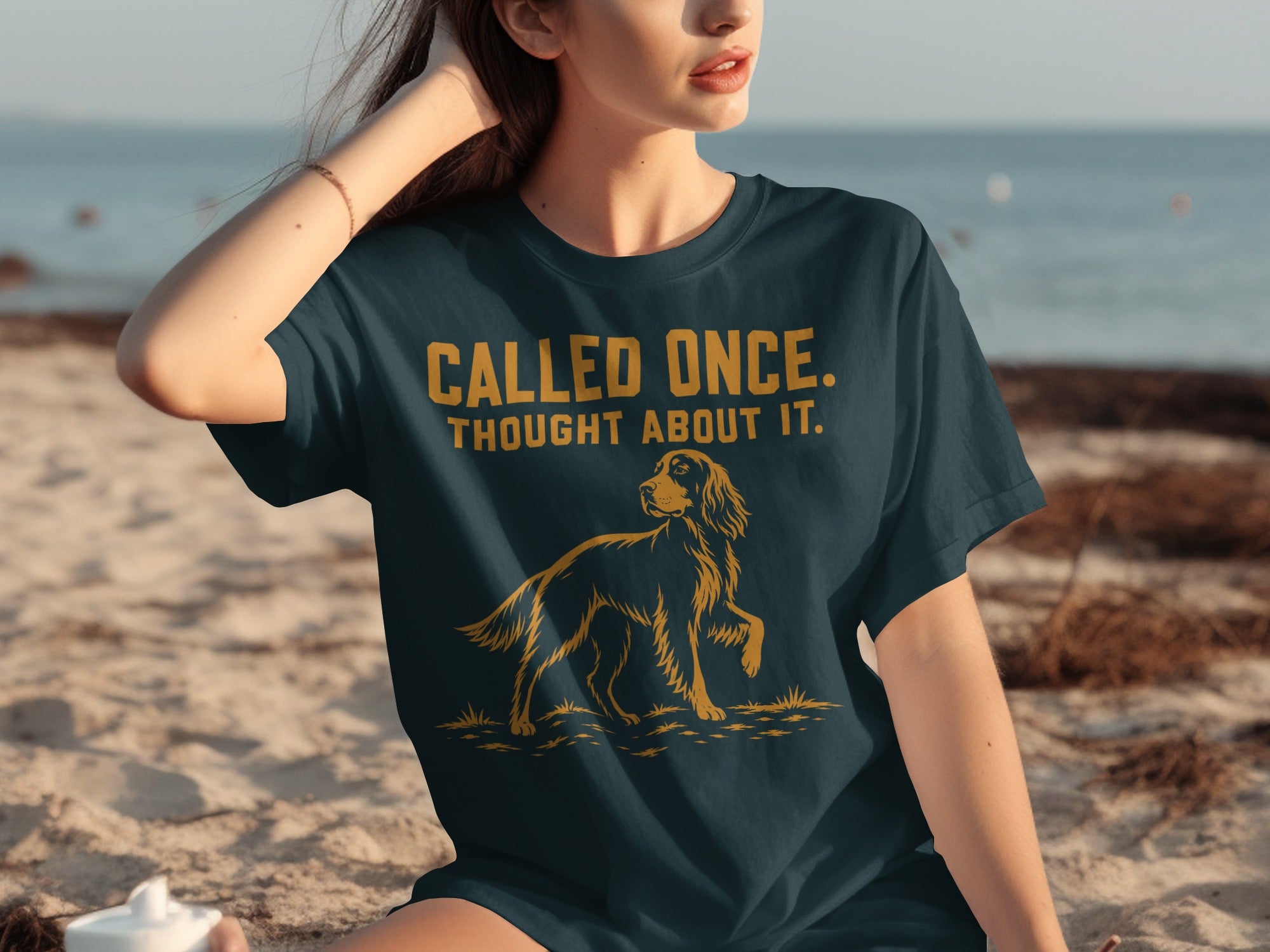 Dark blue t-shirt with dog graphic and "CALLED ONCE. THOUGHT ABOUT IT." text.