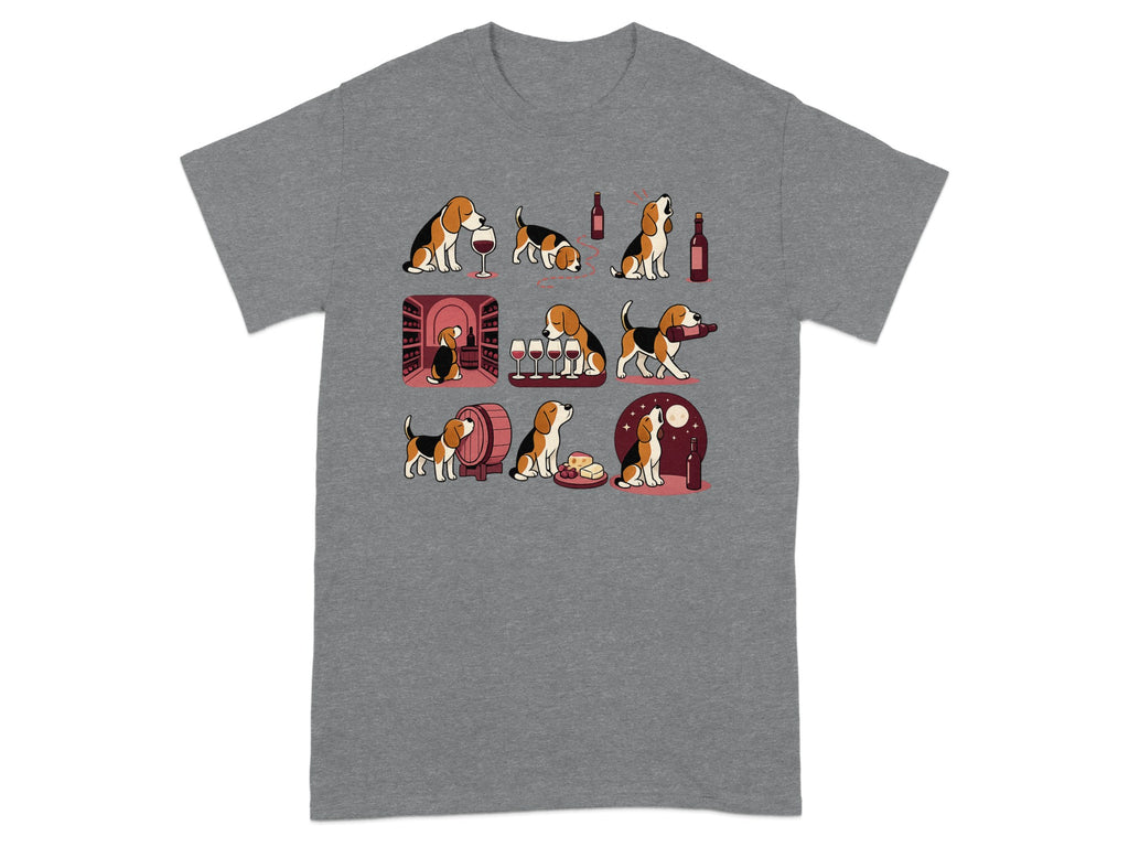Beagle dogs interacting with wine bottles and glasses, some in a cellar.