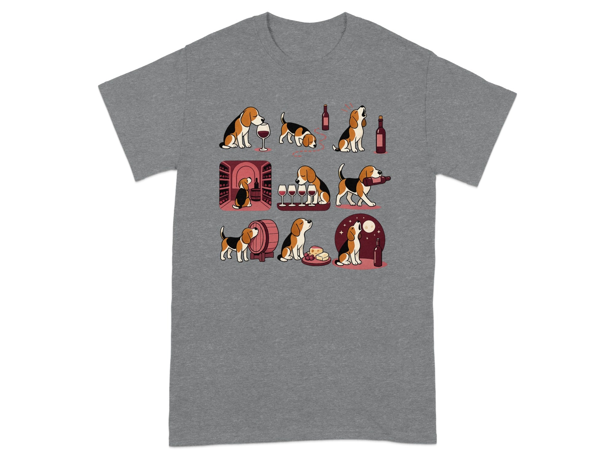Beagle dogs interacting with wine bottles and glasses, some in a cellar.
