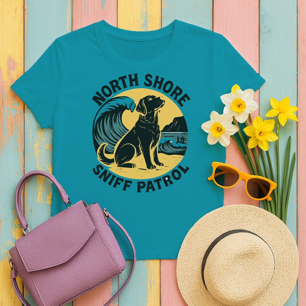 North Shore Sniff Patrol Beach Labrador Retriever T-Shirt in Tropical Blue