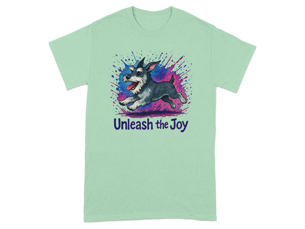 Mint green t-shirt with a watercolor schnauzer and "Unleash the Joy" text.