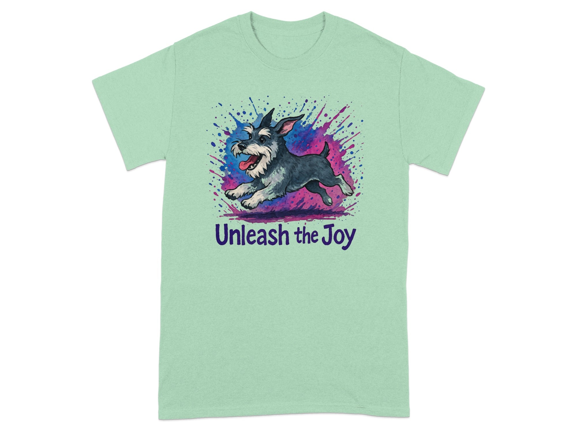 Mint green t-shirt with a watercolor schnauzer and "Unleash the Joy" text.