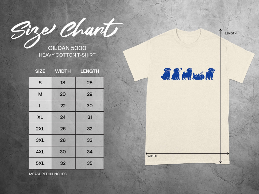 Gildan 5000 t-shirt size chart with pug graphic showing width and length measurements.