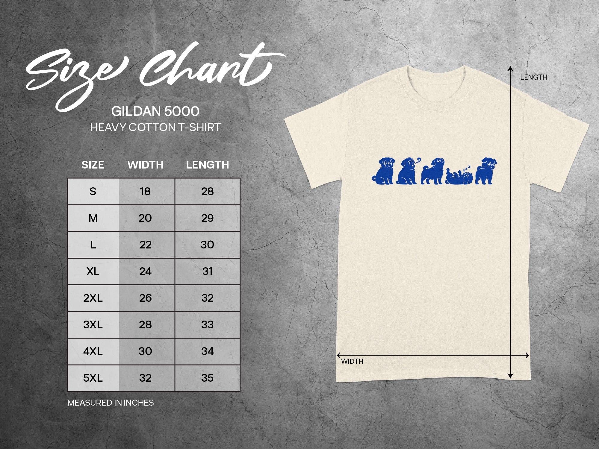 Gildan 5000 t-shirt size chart with pug graphic showing width and length measurements.