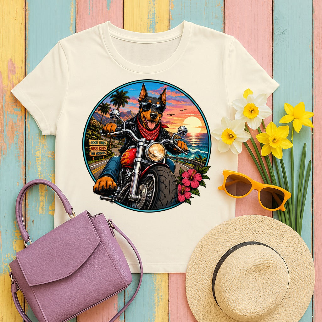 Doberman Pinscher — Good Times Doberman Rider T-shirt in Natural