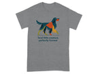 Grey t-shirt with abstract dog design and text "feral little creature, perfectly formed".